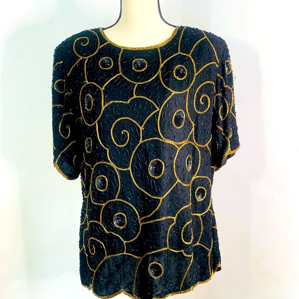 Vintage Stenay Plus Black Gold Beaded Silk Blouse